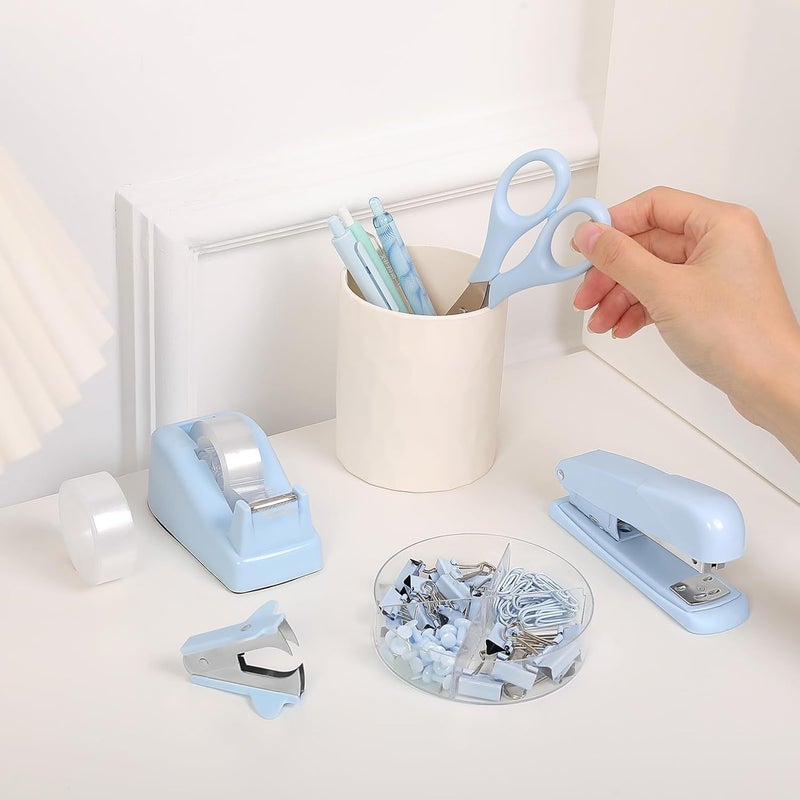Skydue Blue Office Desk Accessories, Blue Office Supplies, Stapler, Tape Dispenser, Scissors, Clips and 1000pcs Staples,Desk Supplies for Women - Image 5